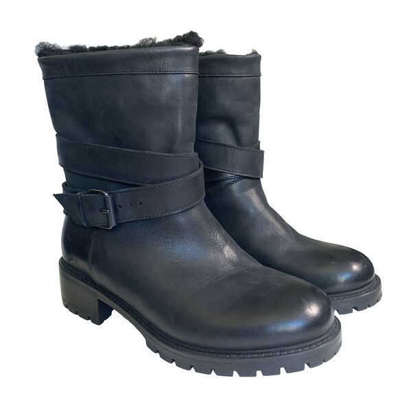 NEW Ross & Snow Black Leather Moto Shearling Winter Boots Sz 7 Made in Italy - Picture 1 of 12